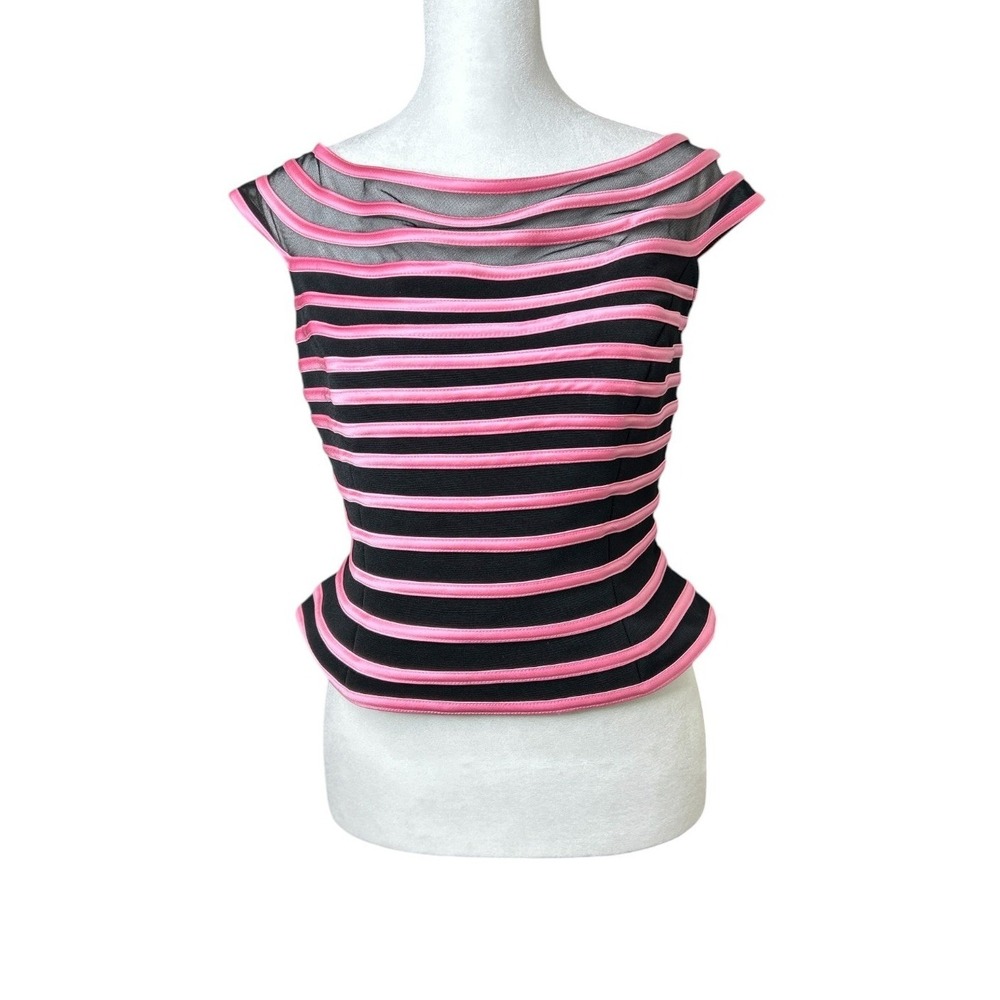 Vintage JS Collections Pink Black Striped Mesh Peplum Top Blouse Sz 12